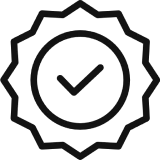 Checkmark badge symbol in black outline.
