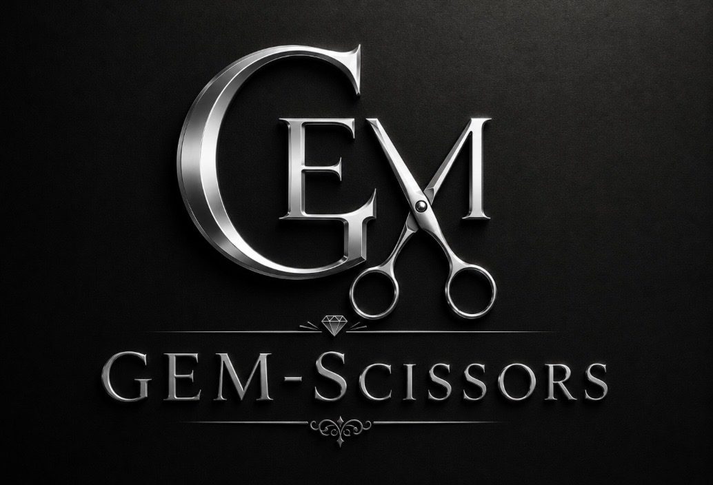 Metallic GEM-Scissors logo on black background