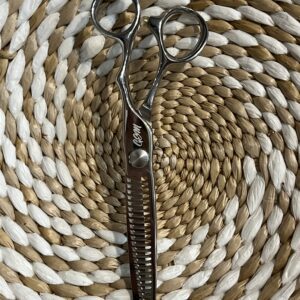 Silver thinning scissors on woven circular placemat
